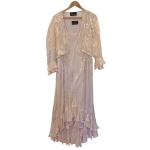 Vtg Alex Evening Fairy Pink Maxi Bias Dress Silk Dress XL Sheer Sequins Bolero